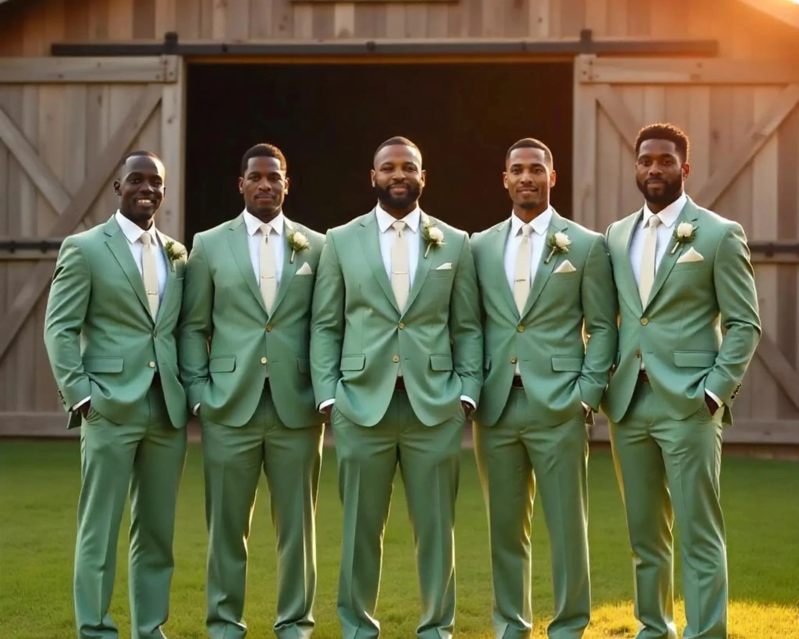 sage green suit with earth towers