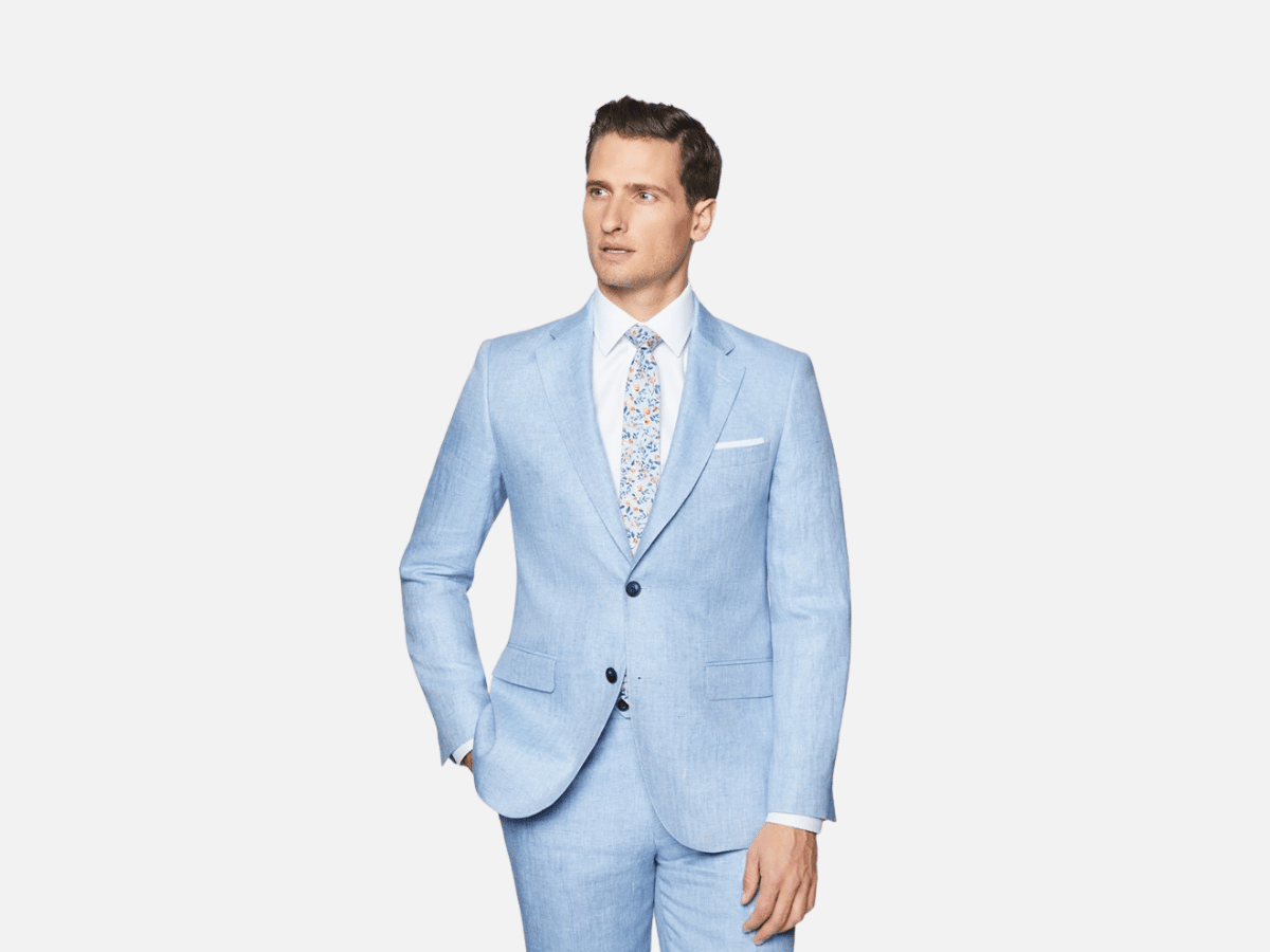 sky blu suit with white accents